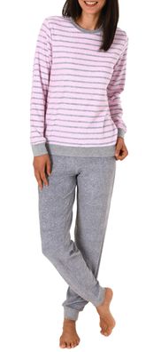 Damen Frottee Pyjama langarm mit Bündchen in edler Streifenoptik - 291 201 13 780