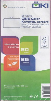Kuvert C5/6 färbig sortiert, ohne Fenster, Haftklebestreifen (VPE=25STK)
