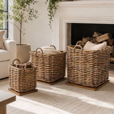 Dickes CL Rattan Korb Cestino braun ca.85cm Teakbodenplatte Pflanzkorb Griffe