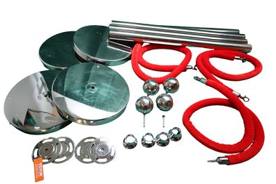 VEVOR Absperrpfosten 4er-Set Edelstahl mit 3 roten Samtseilen 96 cm silber