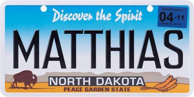 USA Kennzeichen mit Namen, Blechschild, Matthias , NORTH DAKOTA , (68)