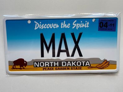 USA Kennzeichen mit Namen, Blechschild, MAX , NORTH DAKOTA , (69)