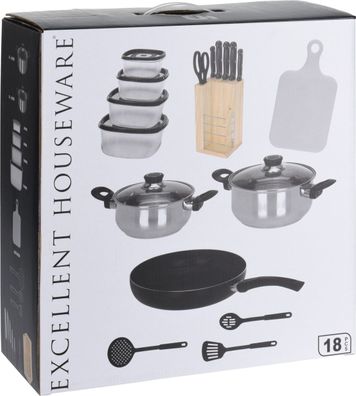 Küchen-Starterset, 18-teilig, Topf- und Pfanne, Messerblock