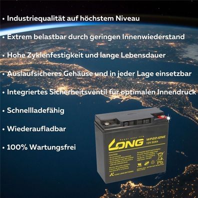 Kung Long WP22-12NE AGM Akku 12V 22Ah – für PowaKaddy Golf-Trolleys