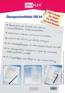 Veloflex Übungsschreibfolie DIN A4 - 10 Stück, wiederverwendbar und transparent