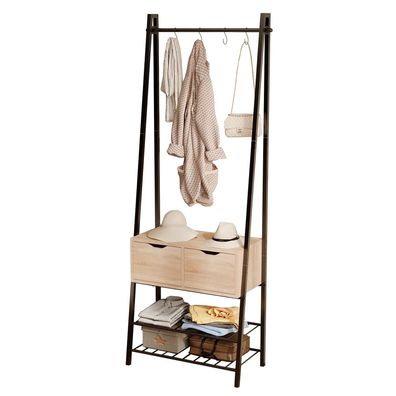 Standgarderobe für den Flur, Garderobe, helle Eiche, Schubladen, schwarzer Rahmen