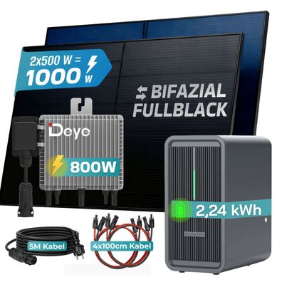 SUNNIVA® 1000W Balkonkraftwerk Deye mit 2,24kWh Speicher Marstek B2500D Bifazial