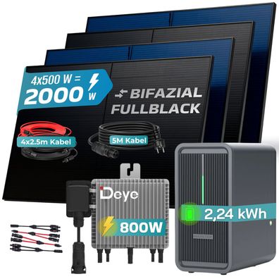 SUNNIVA® 2000W Balkonkraftwerk Deye mit 2,24kWh Speicher Marstek B2500D Bifazial