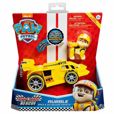 Paw Patrol - Ready, Race, Rescue, Rubbles Race & Go Deluxe Basis Fahrzeug (mit Figur)