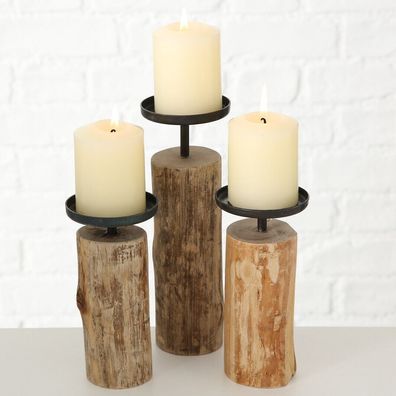 Kerzenleuchter Tempe aus indischem Eukalyptus Holz H 14-22 cm 3er Set