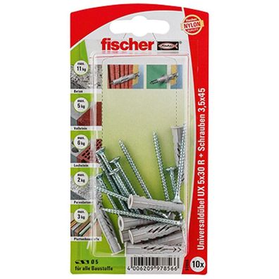 fischer Universaldübel UX 5x30 R S K (hellgrau, 10 Stück, mit Schraube)