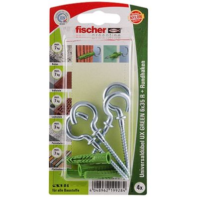 fischer Universaldübel UX GREEN 6x35 R RH K (grün, 4 Stück, mit Rundhaken)