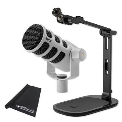 Rode Mikrofon Podmic USB Weiss mit DS-3 Tisch-Stativ und Tuch