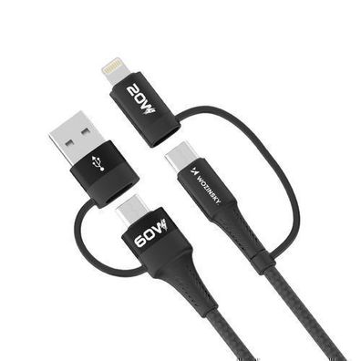 Wozinsky 4-in-1 Kabel, 2x USB-C, USB-A, Lightning, 60W, 1m, Schwarz - Hochleistu