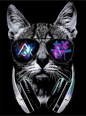 Katze mit Brille und Kopfhörer