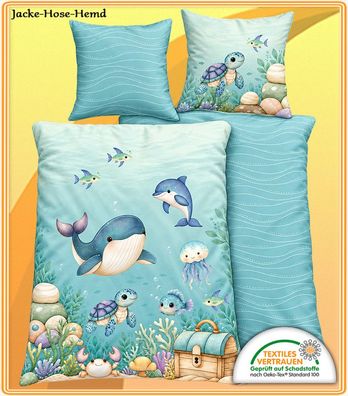Bettwäsche Wal Qualle Delfin Schildkröte Tirkis Ozean Fische Gr. 100x135 cm NEU