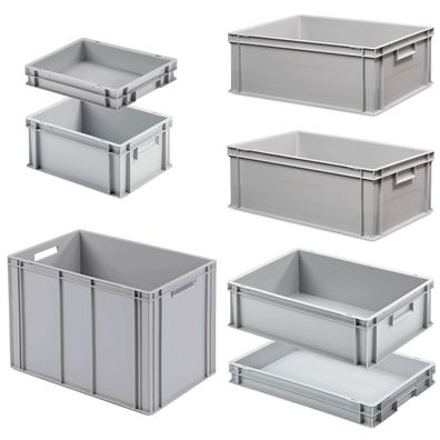 Set mit 7 Eurobehältern in 6 versch. Größen/Höhen, 2x 400x300 / 5x 600x400 mm, grau