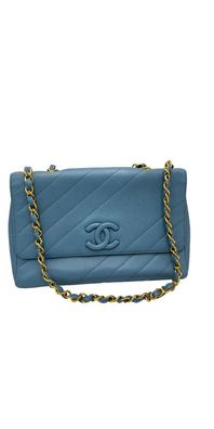 CHANEL Coco Mark Bias Stitch Chain Large Leder Blau Goldfarbene Hardware