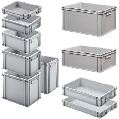 Set mit 10 Eurobehältern in 10 versch. Größen/Höhen, 6x 400x300 / 4x 600x400 mm, grau