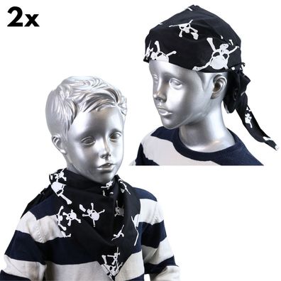 2er Set Kopftuch Bandana Halstuch Dreieckstuch Pirat mit Totenkopf-Motiv