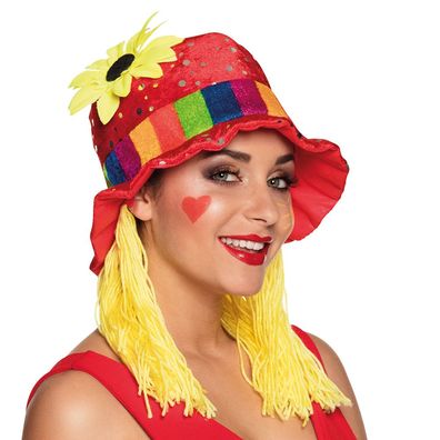 Clown Hut Clara – Roter Faschingshut mit Blume & Zotteln für Karneval & Party