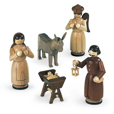 Weihnachtsfiguren Satz Heilige Familie: Maria, Josef, Jesus, Engel und Esel