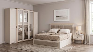 Elegantes Stauraumbett Kleiderschrank 5-turiger Schminktisch Creme Set