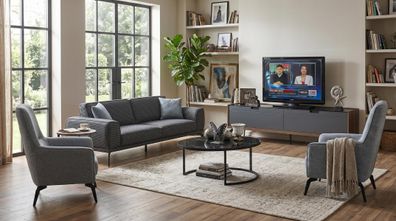 Wohnzimmer Set 3?Sitzer + 2x Sessel + Couchtisch + TV-Möbel, Modern, Grau