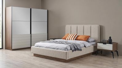 Schlafzimmer Set Modern Bett Kleiderschrank Nachttische(2x) Beige Luxus