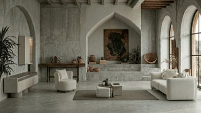 Beiges Wohnzimmer-Set: 3-Sitzer-Modulsofa Couchtisch Hocker TV Möbel Elegantes