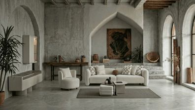 Beiger Wohnzimmer-Set Viersitzer-Modulsofa sessel Couchtisch Hocker Moderner