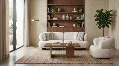Sofa Set 3 + 1 Sitzer mit Couchtisch Beige Bouclé Couch Garnitur Polster