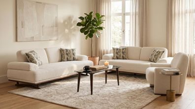 Sofa Set 3 + 3 + 1 Beige Stoff Modern Sessel Wohnzimmer Design klassisch