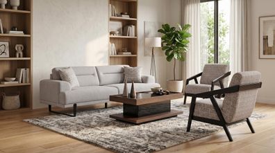 Sofa Set Grau Stoff Modern Sessel Wohnzimmer Design
