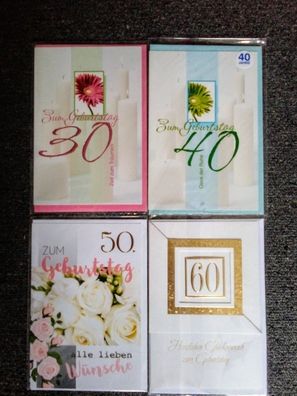 Exklusives Geburtstagskarten Set 4 teilig für runde Geburtstage 30 / 40 / 50 /60