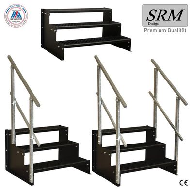 3 Stufen Standtreppe Modell 2 komplett Schwarz, Breite 60 - 160 cm, Höhe 54 cm