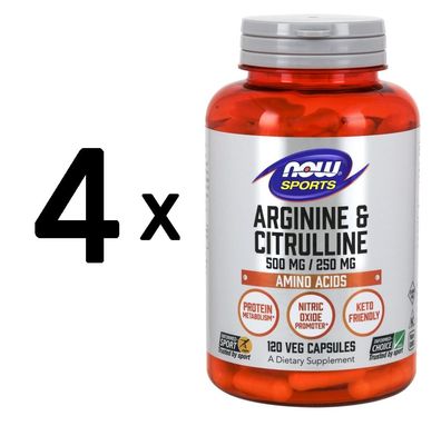 4 x NOW Foods Arginine & Citrulline, 500/250 - 120 vcaps