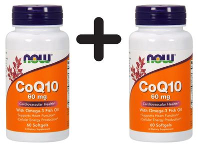 2 x NOW Foods CoQ10, 60mg with Omega-3 - 60 softgels
