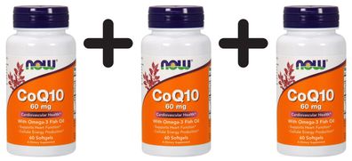 3 x NOW Foods CoQ10, 60mg with Omega-3 - 60 softgels