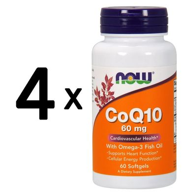 4 x NOW Foods CoQ10, 60mg with Omega-3 - 60 softgels