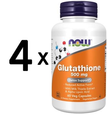 4 x NOW Foods Glutathione, 500mg with Milk Thistle Extract & Alpha Lipoic Acid - 60 v