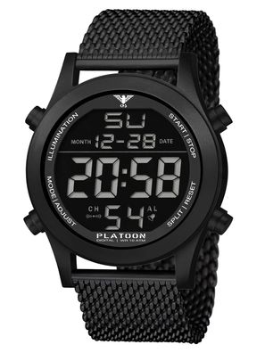 KHS Herren-Digitaluhr Platoon Schwarz mit Mesh-Armband PLABSD. MB