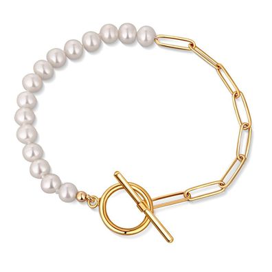 Trendy gold-plated bracelet with real river pearls JL0789