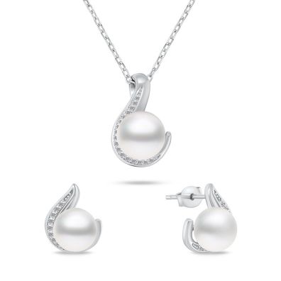 Zeitloses Echtperlen-Schmuckset SET240W ( hrringe, Halskette)