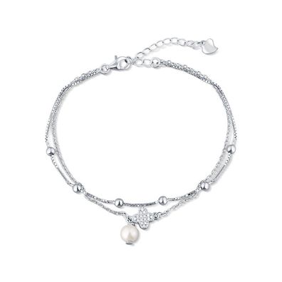 Doppeltes Sterling Silber Armband mit echter Perle und Zirkonia JL0801