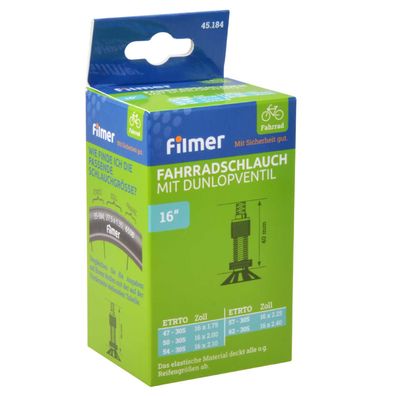 Fahrradschlauch 16" Schlauch Dunlop Ventil 40mm Fahrradzubehör Schläuche Filmer 45184