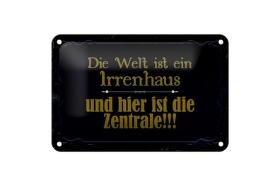 Blechschild Welt ist ein Irrenhaus und hier die Zentrale, 3 vers. Größen Spruch
