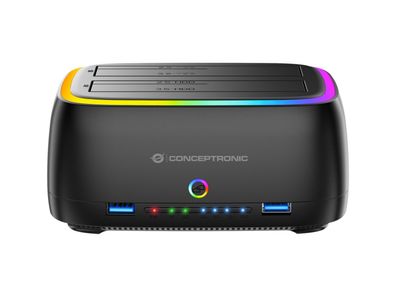 Conceptronic DONN36B Dual-Bay RGB Festplatten-Dockingstation für 2,5"/3,5" HDD/SSD, 2