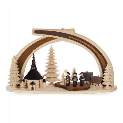 Massivholzbogen Seiffener Kirche mit Kurrende und LED-Beleuchtung 45x30cm NEU