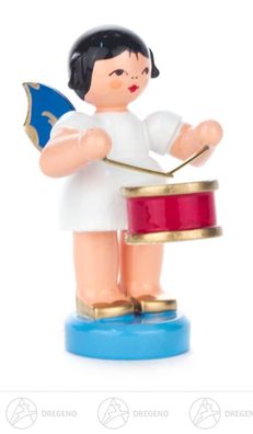 Engel mit Trommel stehend, blaue Flügel H=ca 5,5 cm Erzgebirge Weihnachtsfigur